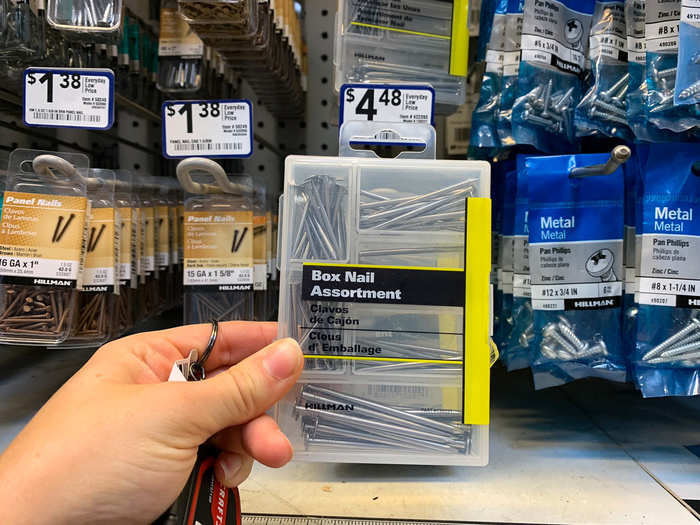 There was a $4.48 assortment of box nails, which are similar to your average common nail, that would seem like a good purchase.