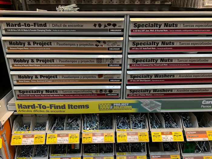 The first thing we noticed, though, was a bunch of intimidating drawers that we thought would have nails in them, but they turned out to be nuts, washers, and screws.