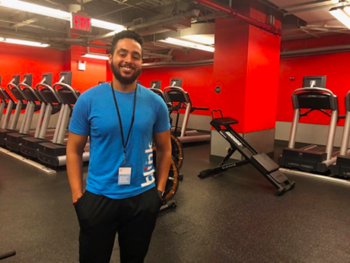 At 10:00 a.m., Emanuel heads to the gym for a 45-minute workout with her trainer, Ian. She works out with Ian twice a week and goes to classes twice per week. "I love barre and I love hot yoga, so usually I