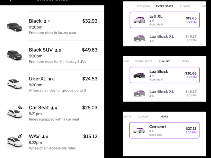 Uber and Lyft both offer additional, pricier options for getting to your destination. You can order a ride in SUV, or a luxury ride in a black car or higher-end SUV. An important difference: While both allow you to call vehicles equipped with car seats, only only Uber has the option to order wheelchair-accessible rides.