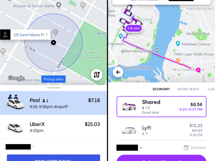 I checked Uber and Lyft a few times throughout my day to check if there were major price differences along the same route. When I checked the prices for this quick cross-borough ride, Uber was less expensive by a few dollars for both the shared-ride and standard ride options.