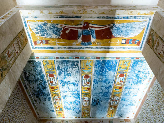  My guide saved the best tomb for last, that of Ramesses IV. The tomb is one of the largest and most richly decorated. The ceiling is covered in paintings of birds and hieroglyphs. 