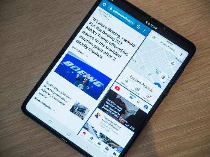 To make use of that extra screen space, the Galaxy Fold can run three apps on screen at once.