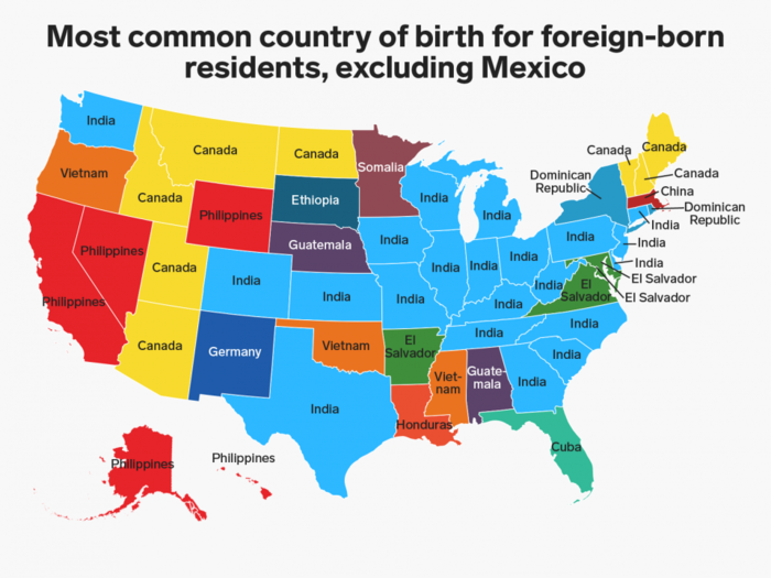 This map shows where each state's largest immigrant group comes from ...