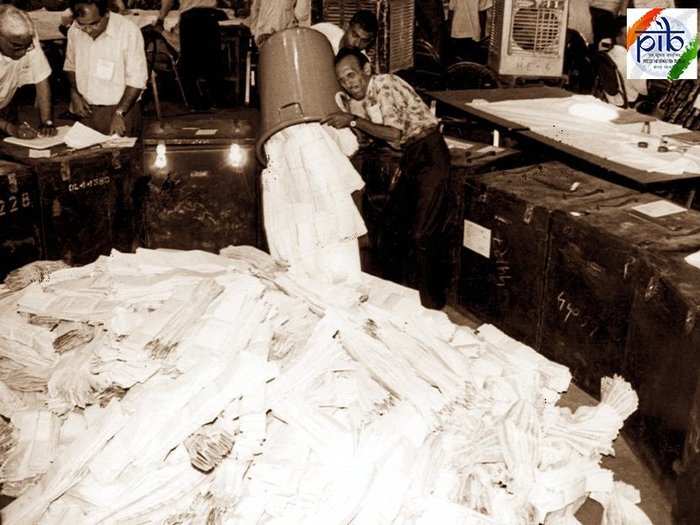 Polling was a time-consuming process as the ballot papers were used. After the polling, the boxes were opened and mixed together.