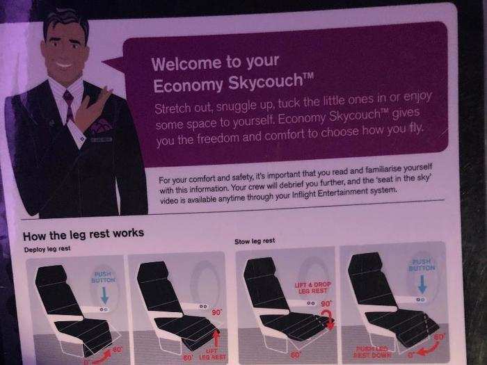 This laminated guide shows you how to use your seats. To turn the seats into a mini-bed, you raise special leg rests from the floor.