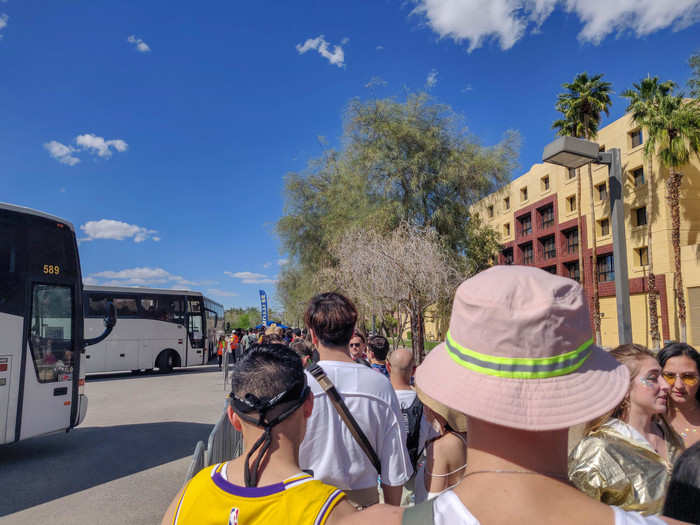 The festival offers an $80 shuttle to take festivalgoers back and forth between hotels outside Indio and the concert. The ride from Palm Springs took an hour with traffic and the shuttle was full of rambunctious college kids drinking beers. There was a near mutiny when the bus bathroom door didn