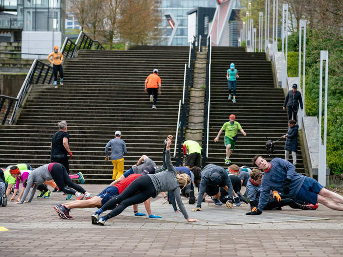 All that eating and drinking necessitates some group fitness.