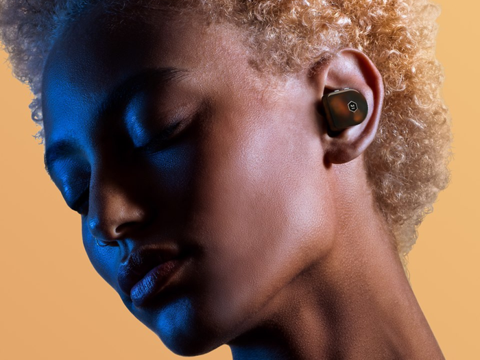 A pair of truly wireless earbuds