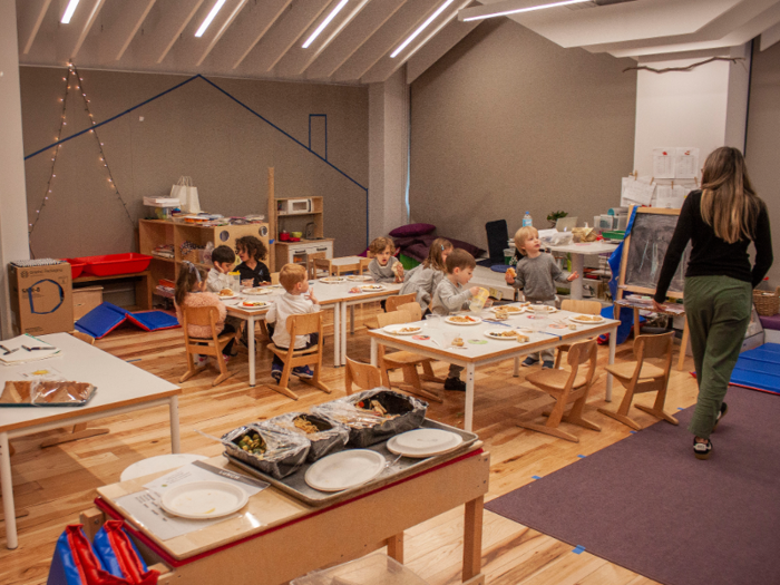 In the ELC, students eat lunch in their classrooms. The fixtures and furniture, including classroom sinks and cubbies, were chosen with the ergonomics of three to six-year-olds in mind.