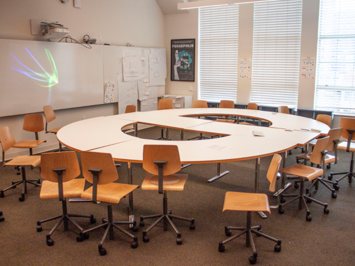 We went upstairs to check out some of the classrooms, and I was surprised by the lack of individual desks in some of the rooms.