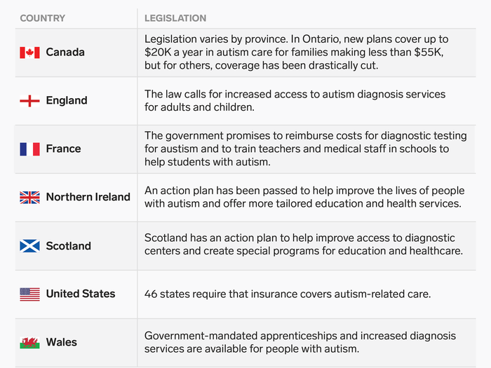 Despite increasing autism diagnoses and treatment options, much of the world has little legal-based protection or assistance for people with autism. Canada, England, France, Northern Ireland, Scotland, the US, and Wales have specific laws in place related to health and educational opportunities.