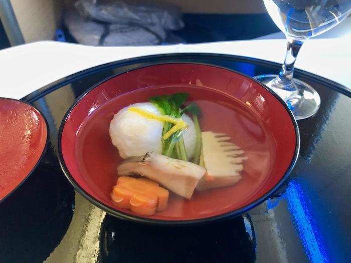 Next came the soup course, a clear broth with vegetables, and a scallop fish cake.