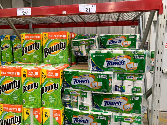 Same deal with the paper towels — brand-name Bounty was stacked alongside Member