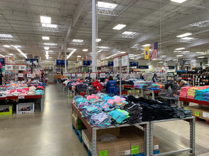 The available clothing was nearly identical to that in Costco — an assortment of dresses, shirts, pants, bathing suits, and activewear folded and arranged in the center of the warehouse.