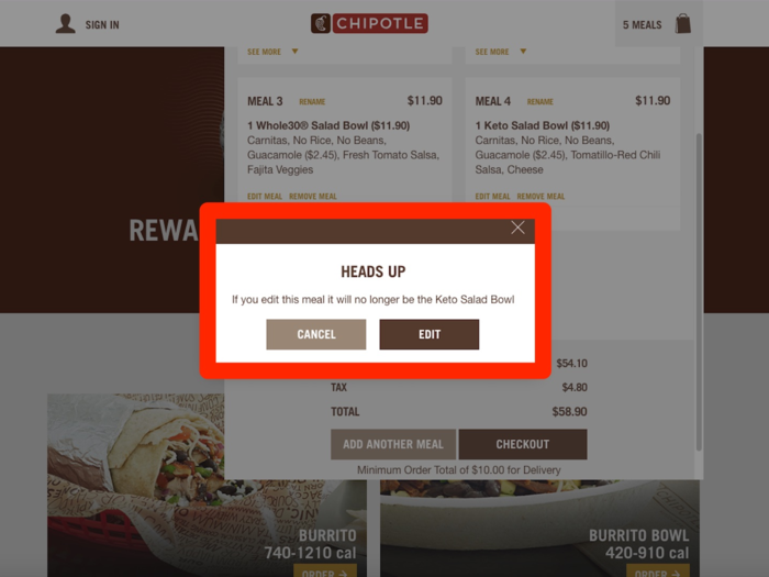 Plus, a helpful notification pops up if you attempt to edit the contents of your order online.