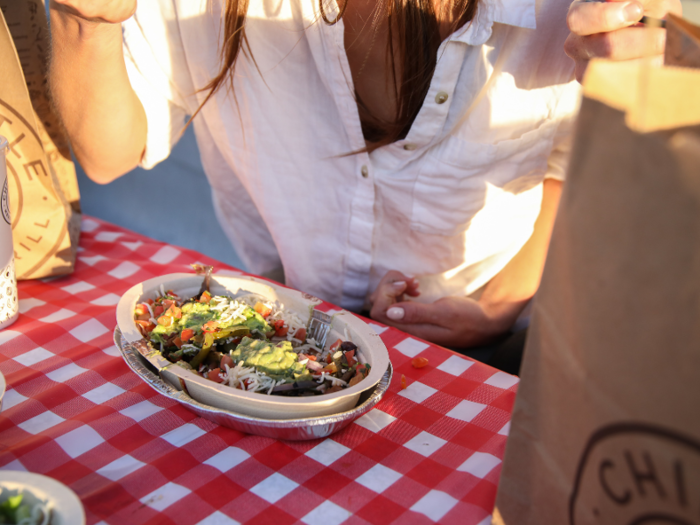 The vegetarian bowl was the first bowl we taste tested — and it set the bar pretty high. The overall mix of Mexican flavors, formed by the vegetarian ingredients we were able to choose from, was perfect. But we may have also just gotten lucky with the combination we chose.