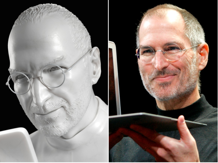 The statue of Jobs wears his signature turtleneck and round glasses.