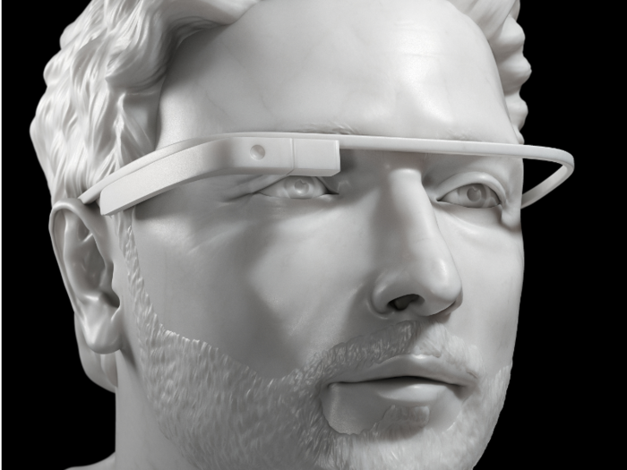 Brin is seen sporting a Google Glass headset.