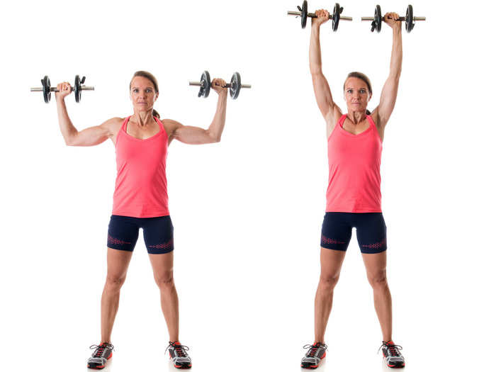 For this, hold a couple of weights by your shoulders, with your palms facing forward and your elbows bent 90 degrees. Then straighten and press the weights overhead.