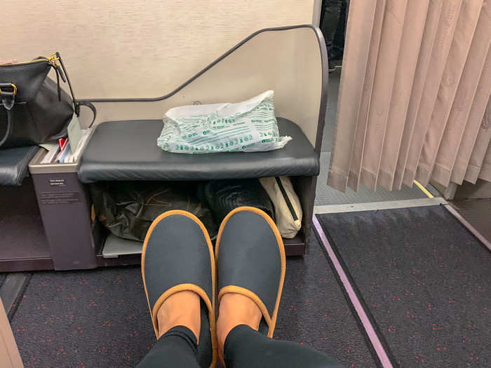 I boarded the plane as the sun was rising. The business-class cabin on the A330 is considerably smaller than on the 777. It has only 28 seats — and no middle seats. Each seat is 21 inches wide and offers 61 inches of pitch. That