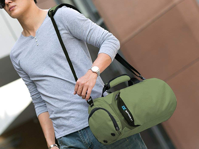 A compact gym bag with specialized compartments