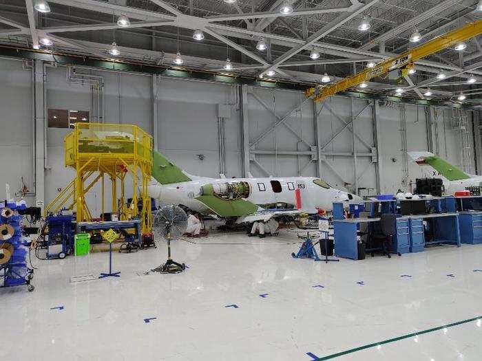 The Honda/GE HF120 turbofan engines are then installed on pylons above the wing. The engines are made in nearby Burlington, North Carolina.