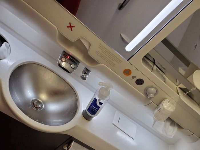 I snapped a shot of one of the bathrooms, which was a standard airplane bathroom. The one on the other side of the plane was much larger! You could even turn around in it without hitting the door or the toilet.