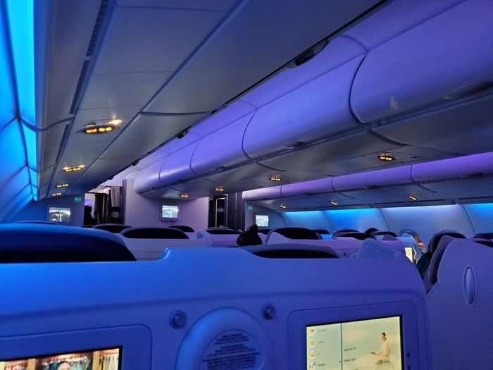 Mood lighting, which changed throughout the flight, had a calming effect. While the lights were mostly out during the night, I still was only able to get a few hours of interrupted sleep in with all the turbulence. But it