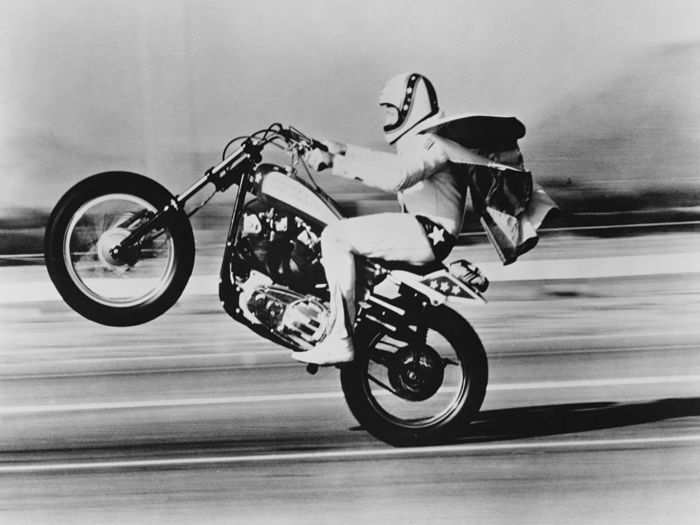 Robert Craig "Evel" Knievel put Harley XR-750s to use in his widely watched stunt jumps.