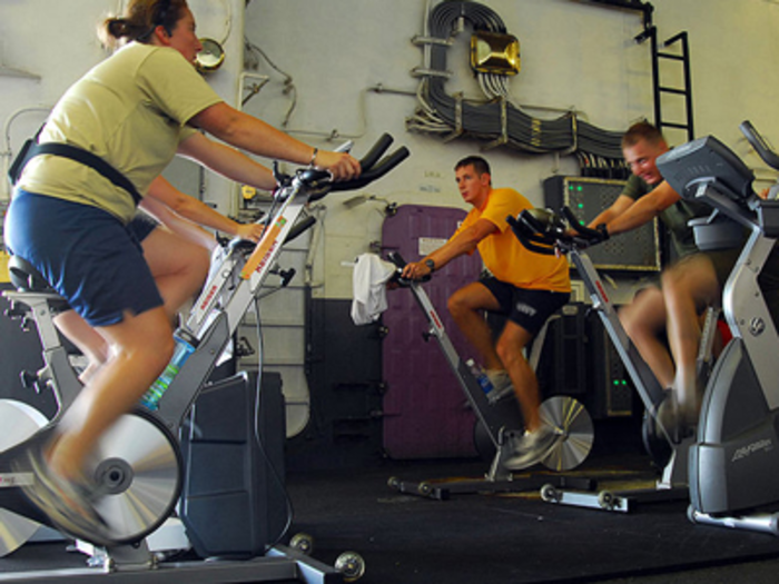 He uses the app "Seven" to do intensive, seven-minute workouts on his exercise bike.