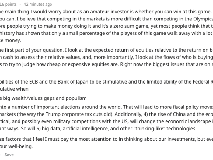 A user named malkojohn pointed out that Dalio recently downgraded the chances for a recession to 35%, then asked for investing advice based on this prediction.