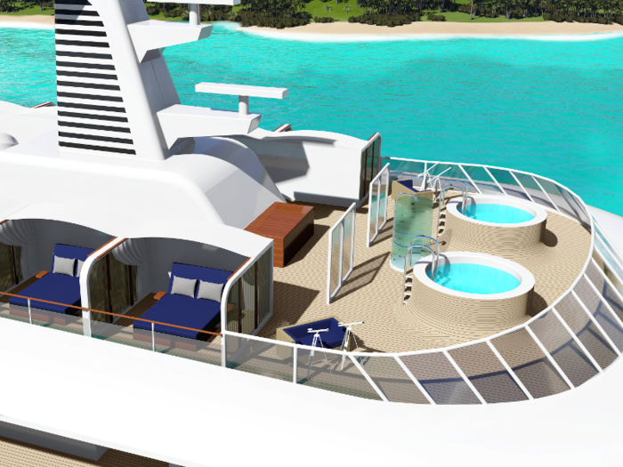 The top deck includes hot tubs, along with "Balinese Dream Beds" where 40 guests can sleep outdoors.