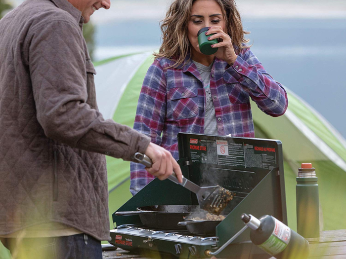 A propane-powered stove to make breakfast