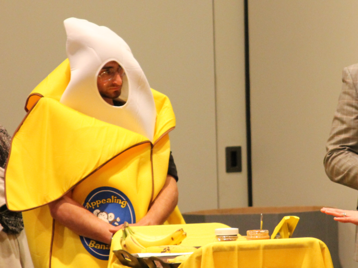 We later followed Banana Guy as he and the business owners prepared to pitch their product. They rehearsed a 60-second script as Banana Guy patiently waited for their turn. Heath and Jaoudeh had done their research, so they felt they knew what made a good pitch. "Captivating narrative, economy of language, precise word choice, [and] good posture," Jaoudeh told Business Insider.