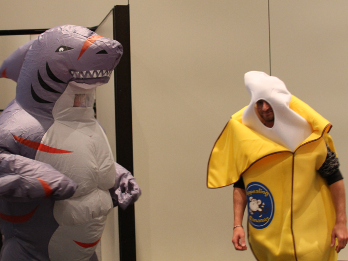 Another guy put on an inflatable shark suit nearby, showing how popular gimmicks were to the pitching process.