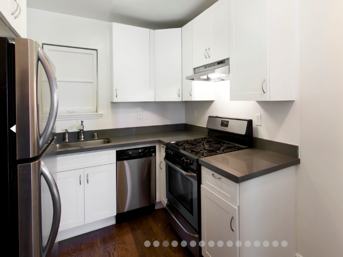 The apartment features a relatively small kitchen with minimal counter space. According to the listing, the kitchen comes with a refrigerator, a gas range, and a dishwasher.