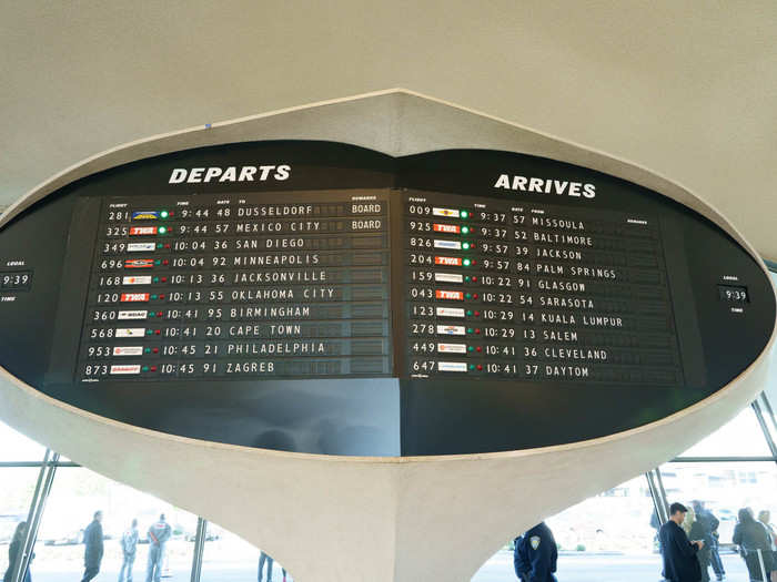 A prolific feature of the lobby is a vintage-style split-flap sign board — also known as a Solari board, after the company that makes them. While it doesn