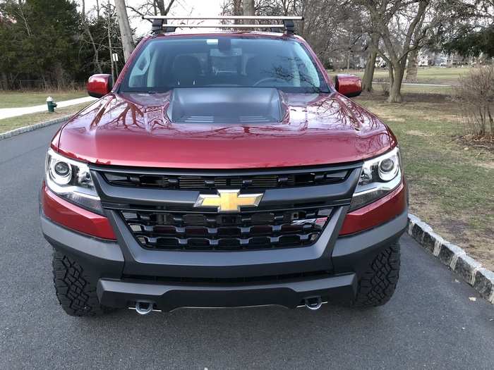 The ZR2 has a moderately more aggressive front end than the Ranger, and that gold bow-tie badge really pops against the blacked-out grille.