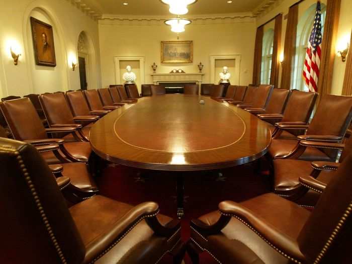 The Cabinet Room allows for 22 people, including administration officials and relevant outside agents, to take a seat at the large conference table for meetings on specific issue areas.