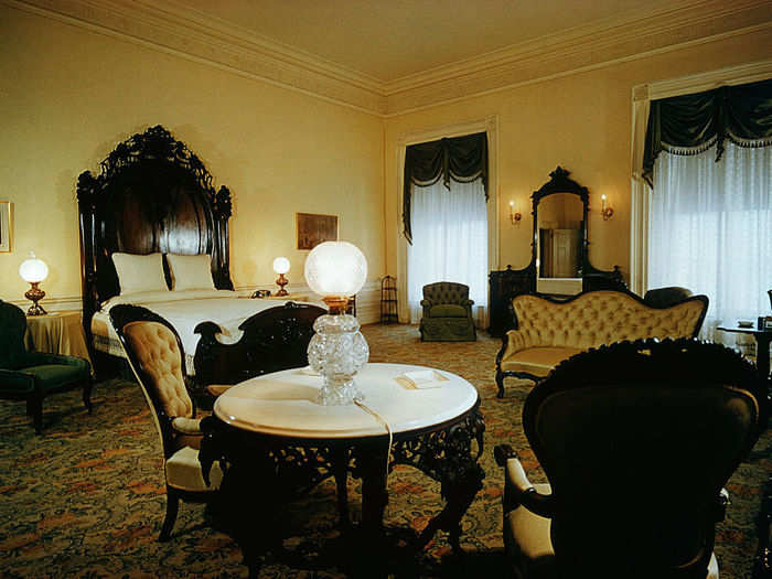 The Lincoln Bedroom, named for the former president who used the room as an office and is rumored to still haunt the space, serves as a guest room.