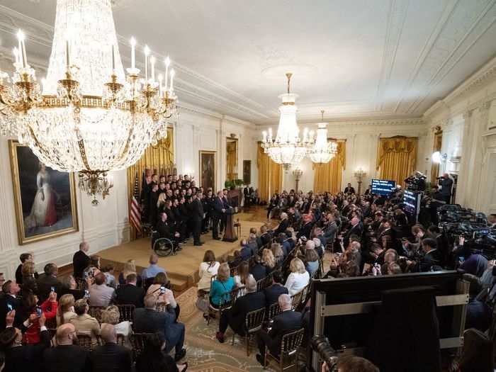 The East Room, approximately 80 feet by 37 feet, is often used for formal ceremonies and press availability.