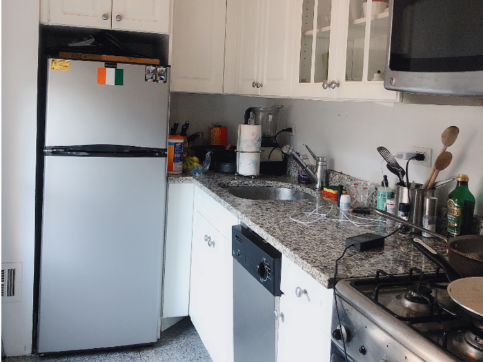 The studio currently available in the building comes with stainless steel appliances in the kitchen, including a dishwasher.