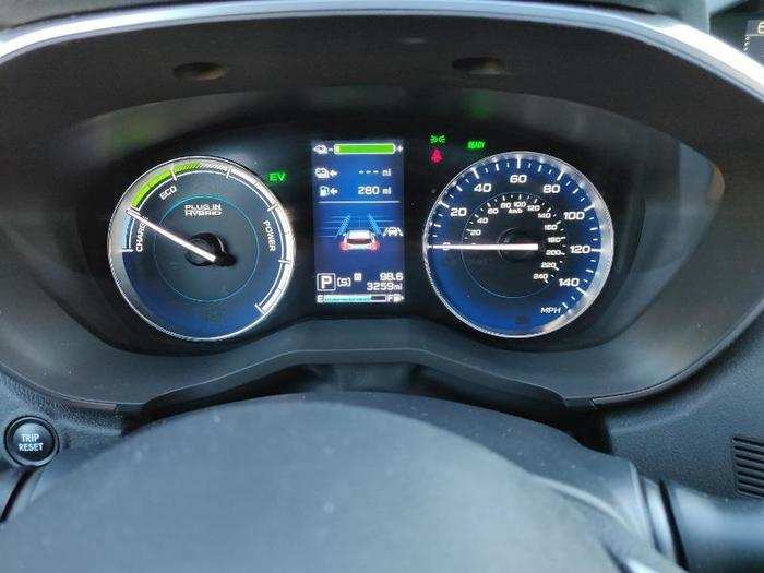 The Crosstrek Hybrid features a simple but useful gauge cluster with a 4.2-inch digital information screen flanked by a pair of analog gauges.