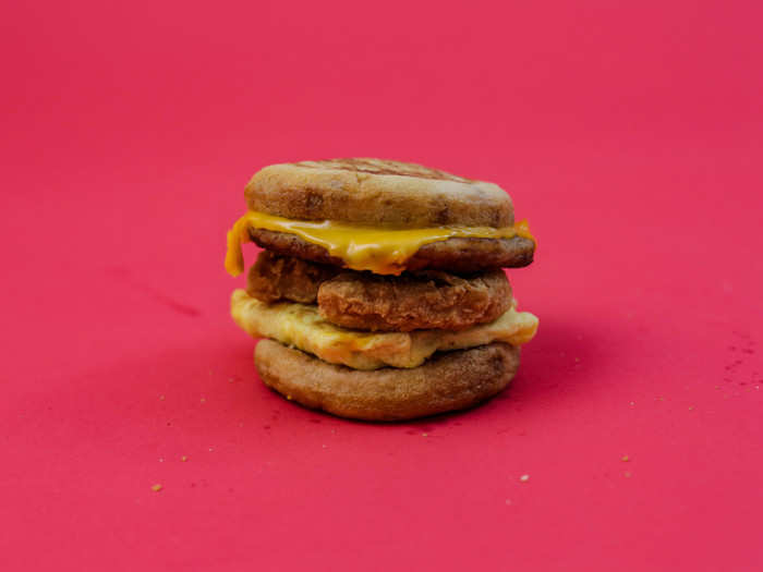 I was given chicken nuggets instead of a McChicken for this one, so I tucked two of those little suckers between the egg and the sausage.