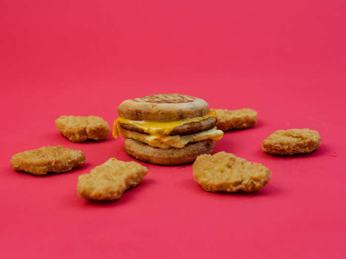 CHICKEN MCGRIDDLE: A McChicken sandwiched between two halves of a McGriddle, the sweet-and-savory Chicken McGriddle can be ordered during the breakfast-lunch switch-over period, or at any franchise that serves the McGriddle as part of its all-day breakfast menu.