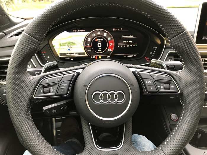 Virtual Cockpit can also display more driving-focused info, such as the front-and-center tachometer when the RS 5 is in dynamic mode