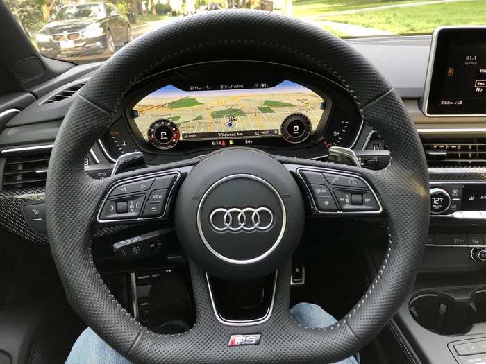 The perforated, leather-wrapped steering wheel feels very good in the hands. But most folks will zero in on the Audi MMI/Virtual Cockpit instrument panel, which can be customized to show the entire map from the navigation system.