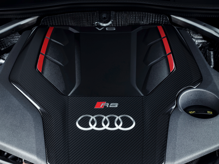 The V8 I richly enjoyed in the RS 5 coupé has been replaced in the revamped version of that car and in my RS 5 Sportback by a 2.9-liter, twin-turbo V6, making 444 horsepower with 443-pound-feet of torque. (C