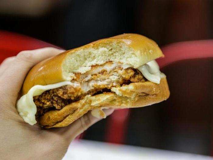 The crunchy breaded chicken was the highlight, if a little bit too salty. The sweet bun was a little off-putting, but overall the elements all worked well together to deliver a satisfying Parm-like bite. The tomato sauce, however, was barely there.